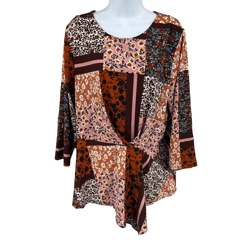Nanette Lepore Top Women XL Multicolor Floral Patchwork Boho Twist Front Earthy